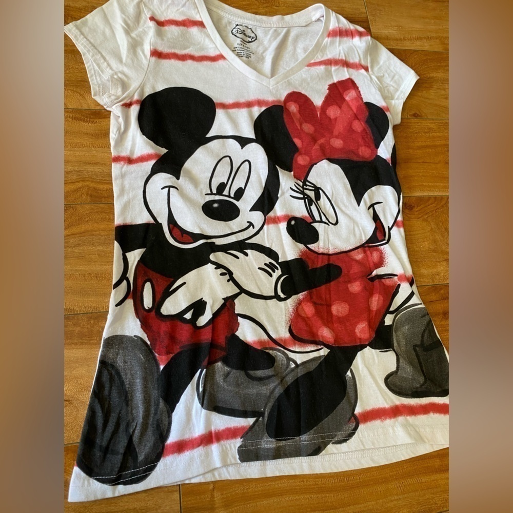 Disney Youth Mickey and Mini Mouse V-neck Striped Short Sleeve Tee